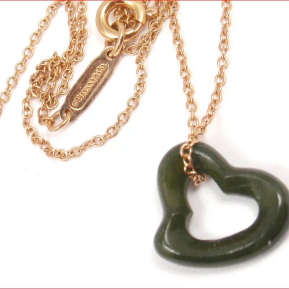 COPY - Tiffany Peretti Hand Carved Jade Open Heart 18K Gold 18" Necklace - Picture 1 of 8